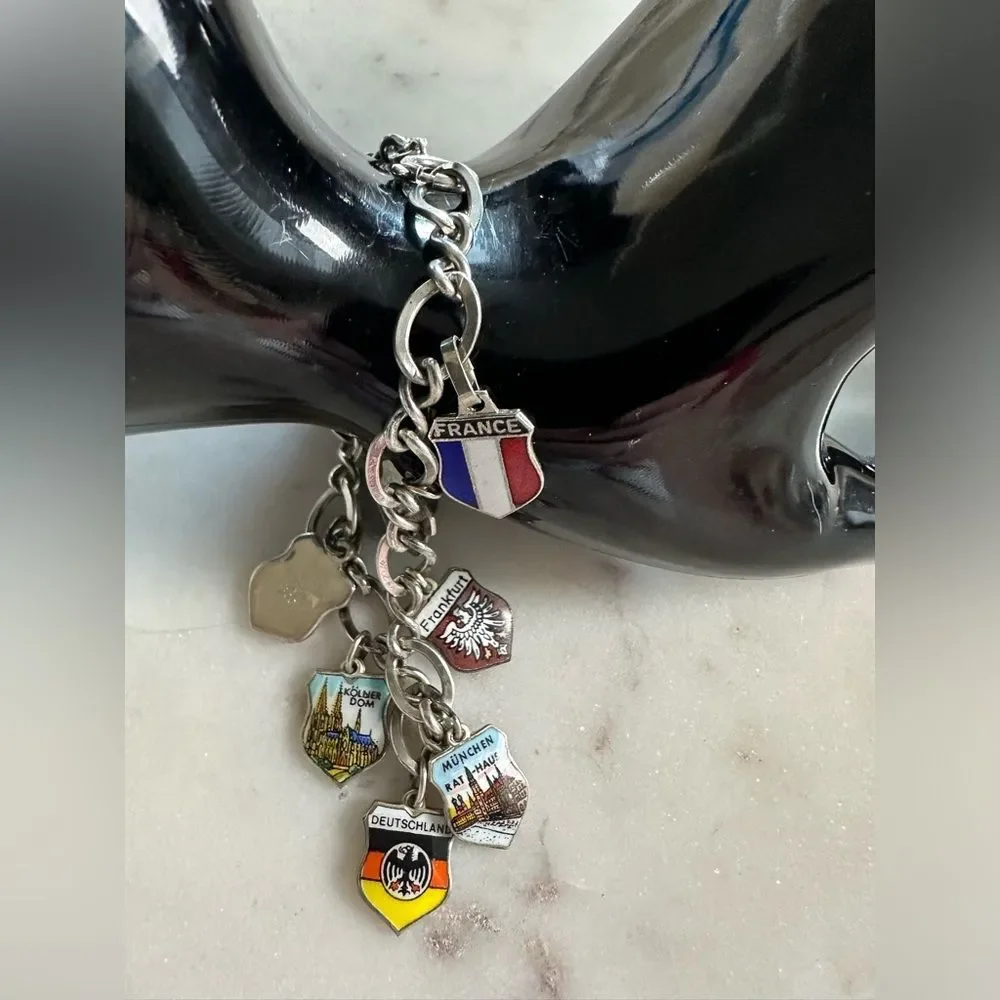 Vintage Sterling Silver Travel Charm Bracelet European City & Country Ch…